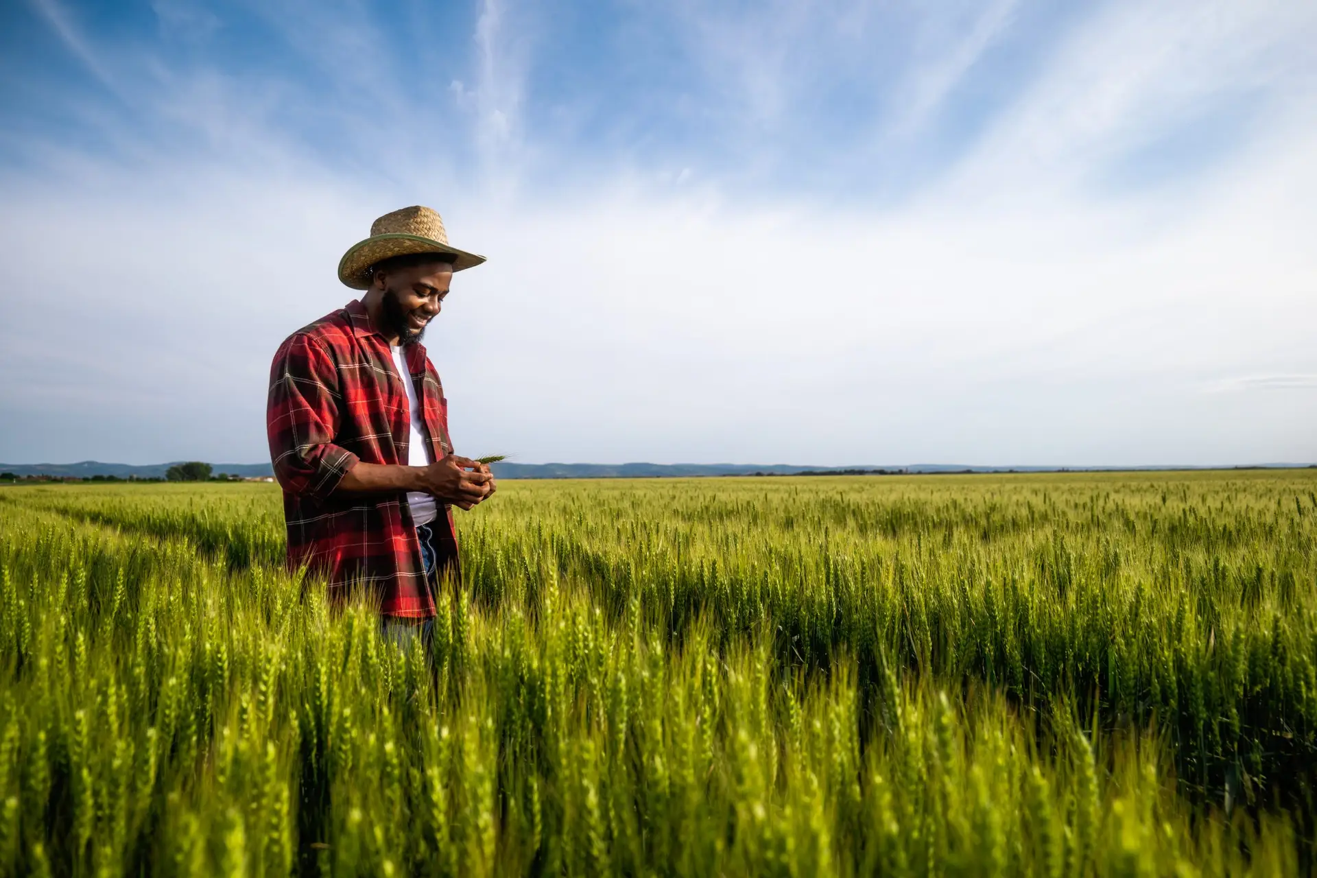 Young  farmer is  examining crops in his growing wheat field.